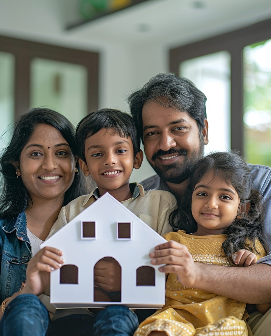 A family holding a paper cut-out of their new home